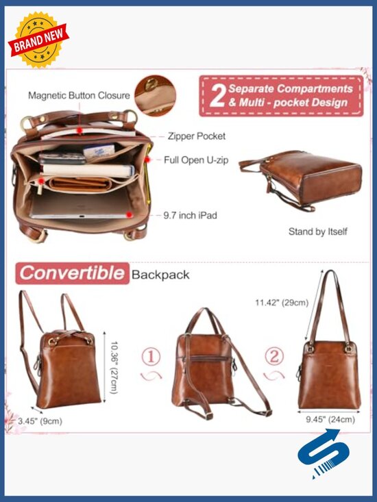 Convertible Leather Backpack Purse for Women Fits 9.7 Inch iPad